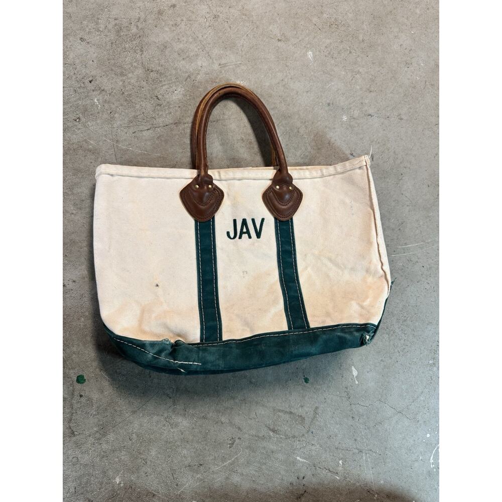 Vintage 80s LL Bean Boat Tote Canvas Bag Medium Green & White Made In USA - Picture 5 of 9